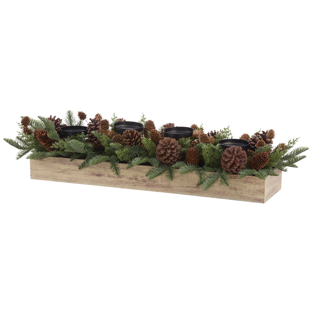 Pine & Pinecone Winter Greenery Box, 4 Pillar Candle Holder