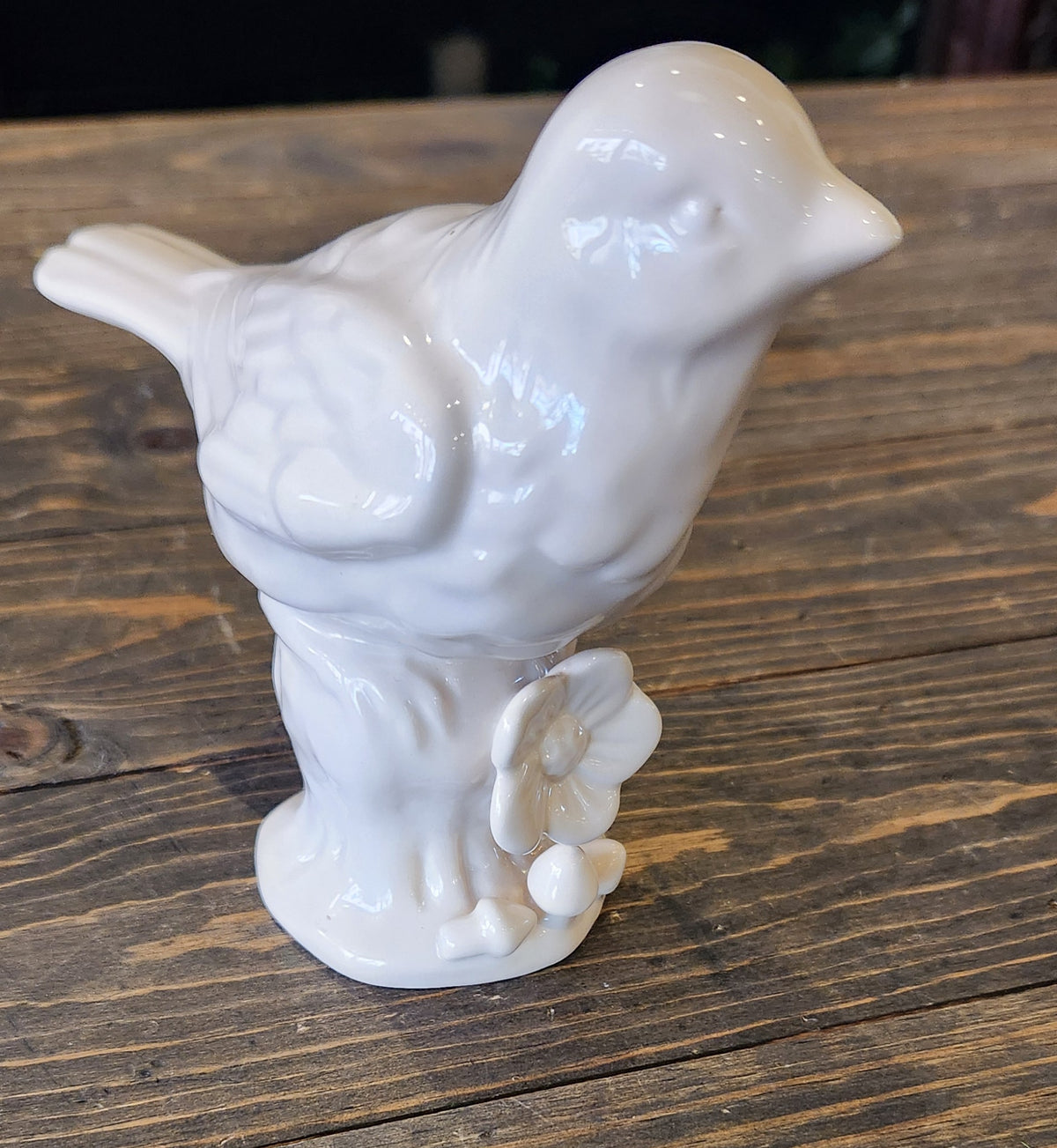 Vintage White Ceramic Bird Figurine On Floral Base