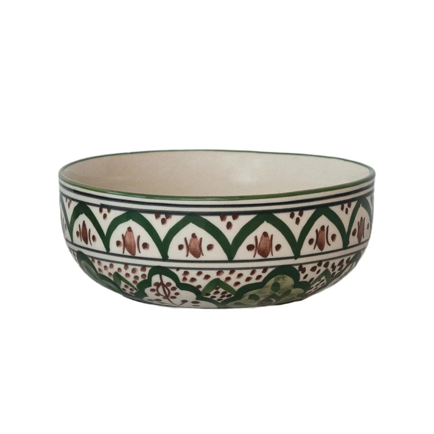 Hand-Painted Stoneware Bowl with Design, Cream Color, Brown & Green