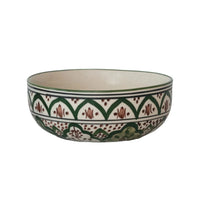 Hand-Painted Stoneware Bowl with Design, Cream Color, Brown & Green
