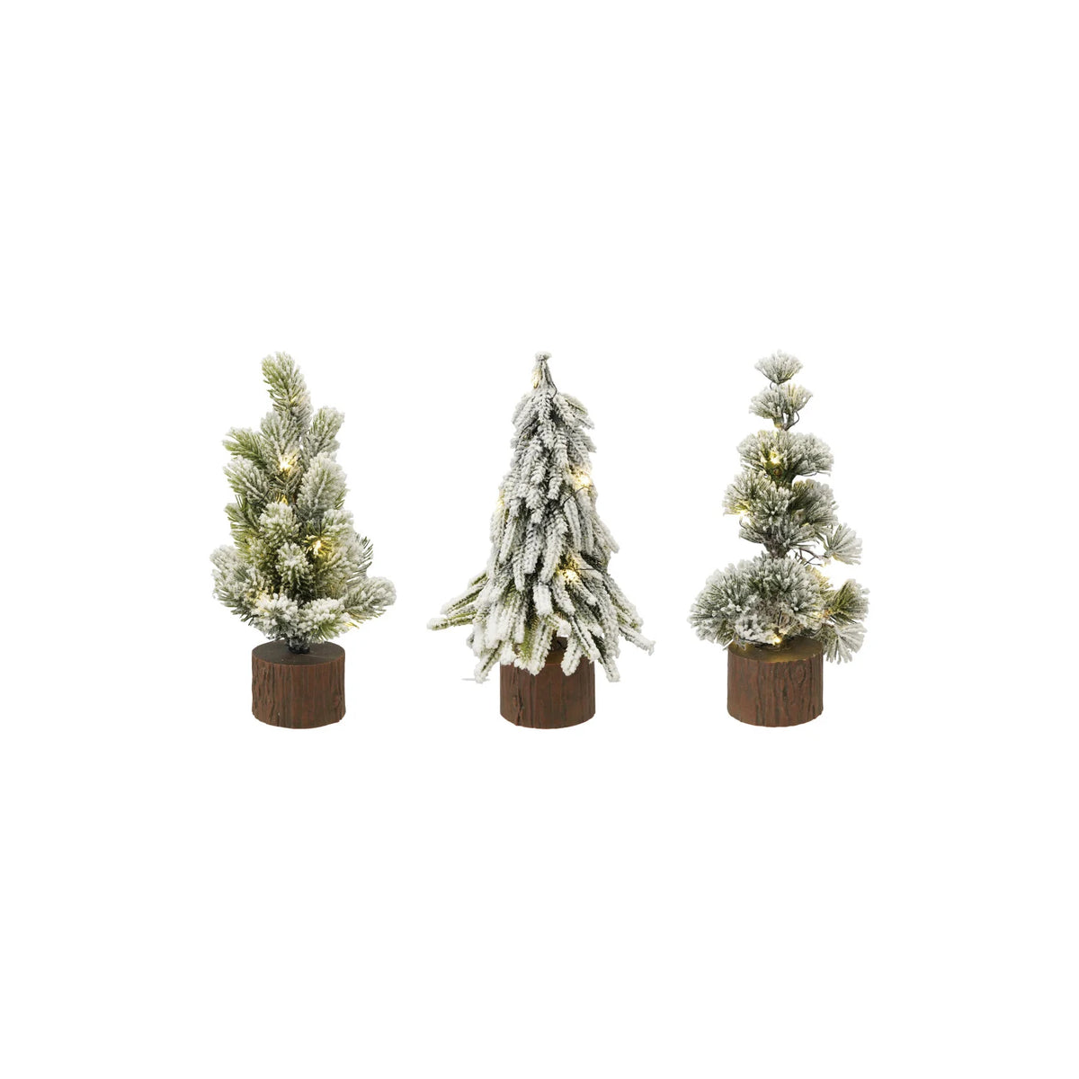 Plastic Tree with Faux Wood Slice Base & LED Light, Snow Finish, 3 Styles