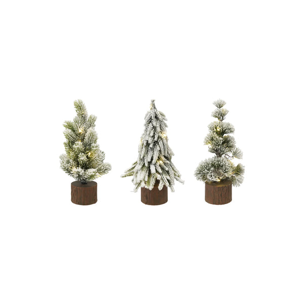 Plastic Tree with Faux Wood Slice Base & LED Light, Snow Finish, 3 Styles