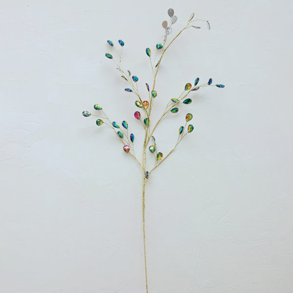 Faux Botanical Spray with Iridescent Acrylic Jewels, Gold Finish