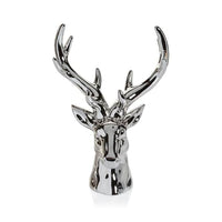 A polished silver deer head sculpture with large antlers, photographed against a clean white background.