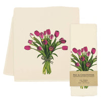 Tea towel with pink tulip design and 'Eric & Christopher' branding on a white background