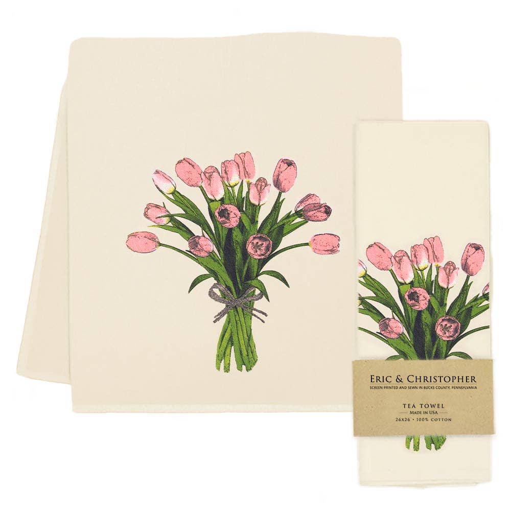 Tea towel with pink tulip design and 'Eric & Christopher' branding on a white background