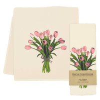 Tea towel with pink tulip design and 'Eric & Christopher' branding on a white background