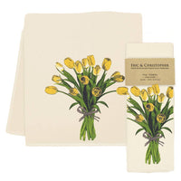 Tea towel with yellow tulip design and Eric & Christopher branding