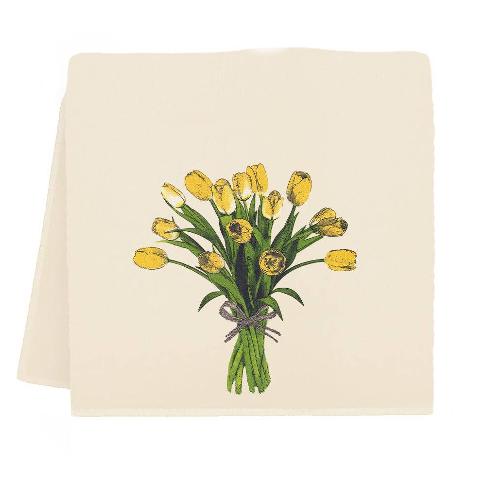Beige towel with a design of yellow tulips on a white background