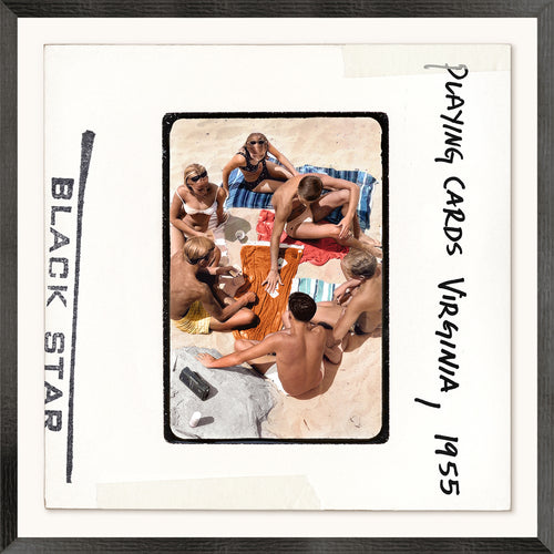 Framed black and white photo of people playing cards on a beach with text 'Black Star Playing Cards Virginia 1955'.