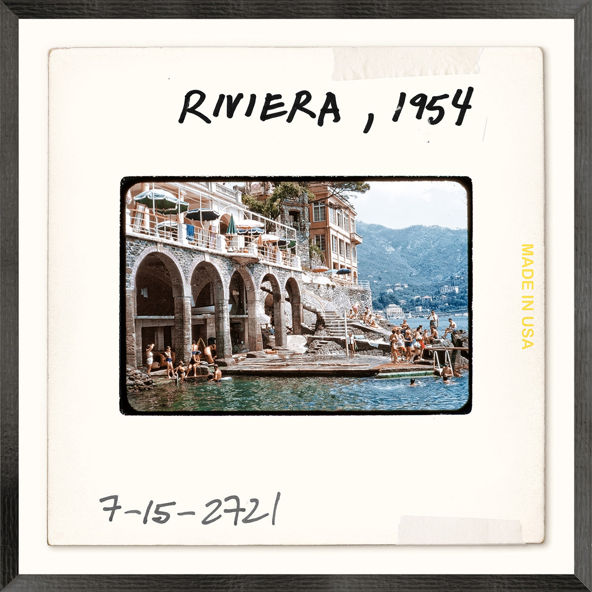 Framed photograph of a Riviera scene with people by the water, labeled 'Riviera, 1954'.