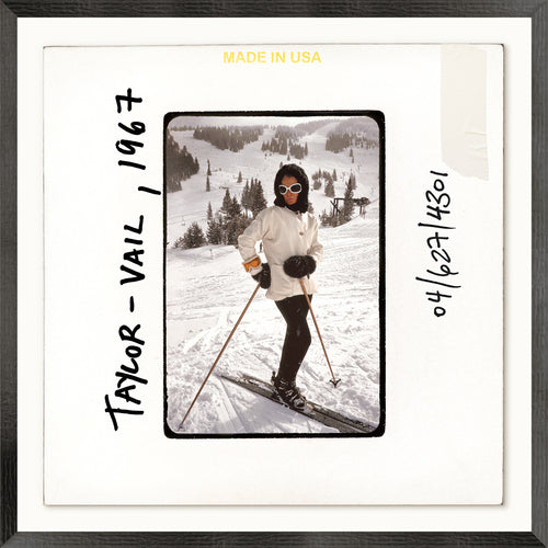 Person skiing in a snowy landscape with text 'Taylor Vail, 1967' on a white background