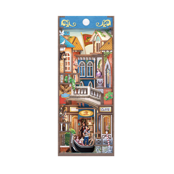 Packaged product with a scenic design of a town street on a white background