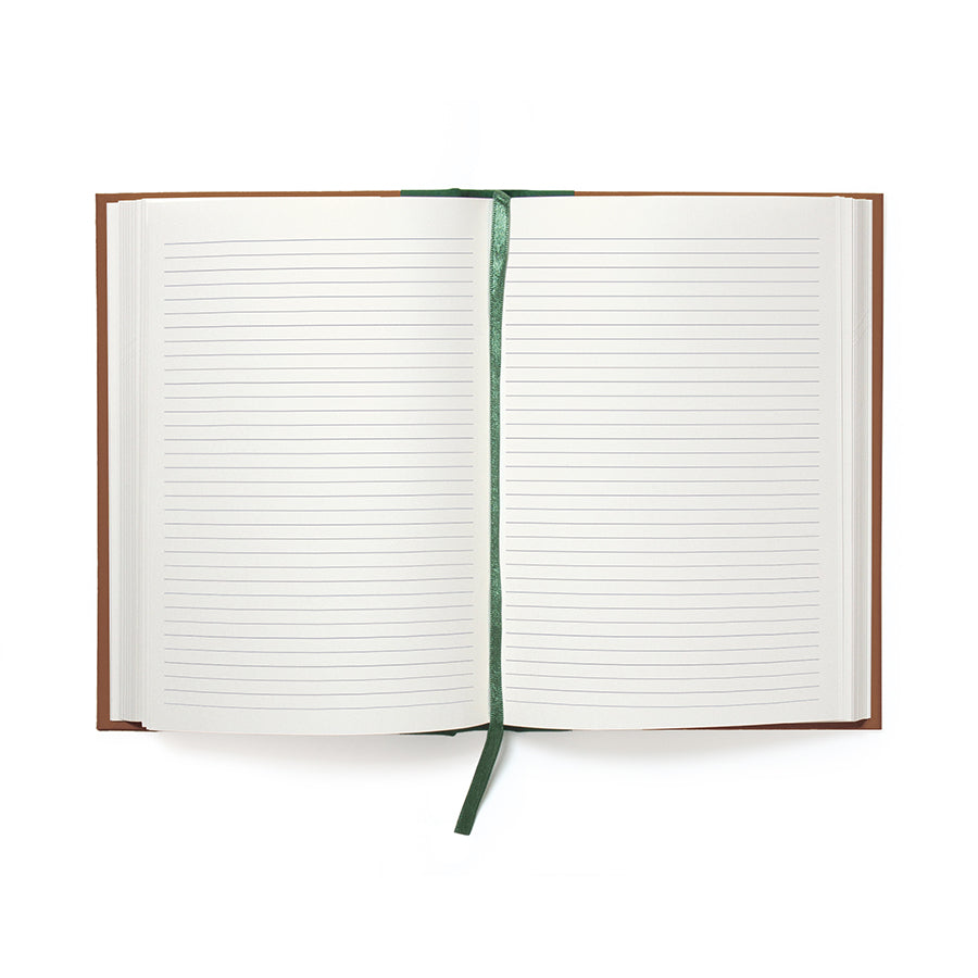 Open notebook with lined pages and a green ribbon on a white background