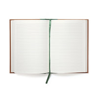 Open notebook with lined pages and a green ribbon on a white background