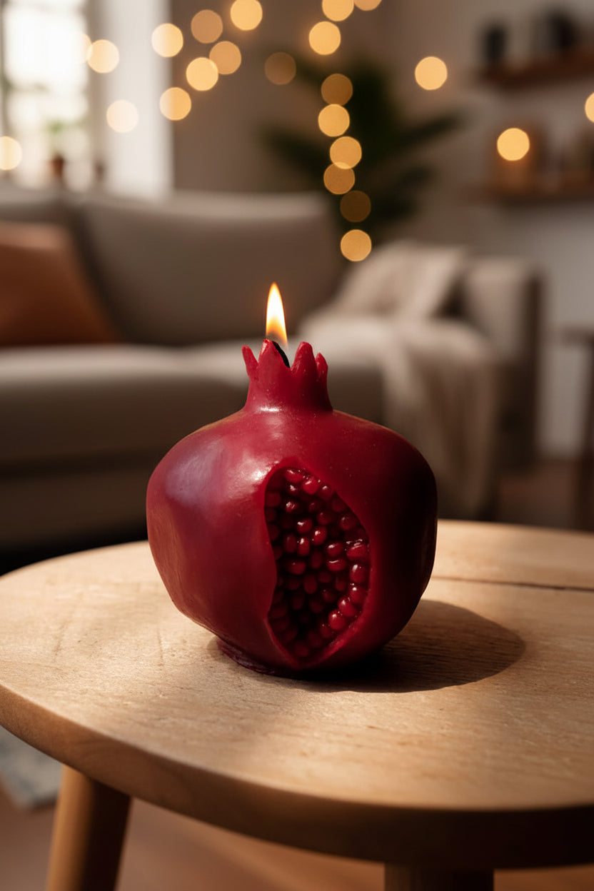 A pomegranate-shaped candle with a lit flame on a wooden table with a blurred living room background.